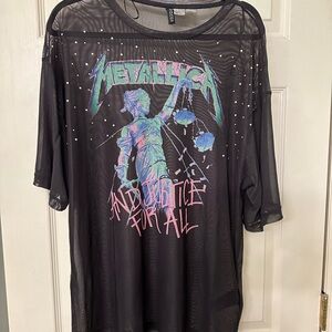 H&M Black Mesh Metallica Graphic Tee with Pastel Print